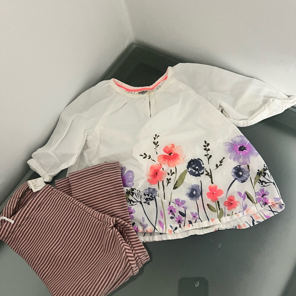 OshKosh B'gosh White and Purple baby top Set Floral Design & HM baby pants